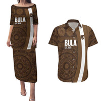 Bula Fiji Football Custom Couples Matching Puletasi and Hawaiian Shirt One Vanua One Team Tapa Pattern LT14 Brown - Polynesian Pride