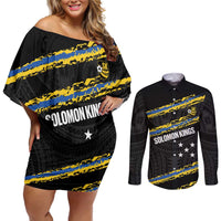 Kings Solomon Islands Football Custom Couples Matching Off Shoulder Short Dress and Long Sleeve Button Shirt Come On Solomons Polynesian Grunge Style