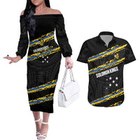 Kings Solomon Islands Football Custom Couples Matching Off The Shoulder Long Sleeve Dress and Hawaiian Shirt Come On Solomons Polynesian Grunge Style LT14 Black - Polynesian Pride