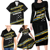 Kings Solomon Islands Football Custom Family Matching Long Sleeve Bodycon Dress and Hawaiian Shirt Come On Solomons Polynesian Grunge Style LT14 - Polynesian Pride