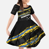 Kings Solomon Islands Football Custom Family Matching Short Sleeve Bodycon Dress and Hawaiian Shirt Come On Solomons Polynesian Grunge Style LT14 Daughter's Dress Black - Polynesian Pride