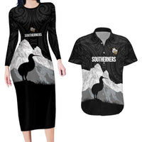 New Zealand South Island Football Custom Couples Matching Long Sleeve Bodycon Dress and Hawaiian Shirt Aoraki Mount Cook With Kiwi Maori Pattern LT14 Black - Polynesian Pride