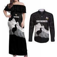New Zealand South Island Football Custom Couples Matching Off Shoulder Maxi Dress and Long Sleeve Button Shirt Aoraki Mount Cook With Kiwi Maori Pattern