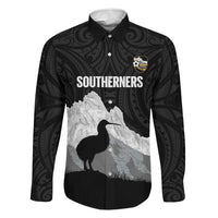 New Zealand South Island Football Custom Family Matching Off The Shoulder Long Sleeve Dress and Hawaiian Shirt Aoraki Mount Cook With Kiwi Maori Pattern LT14 Dad's Shirt - Long Sleeve Black - Polynesian Pride