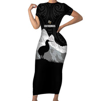 New Zealand South Island Football Custom Family Matching Short Sleeve Bodycon Dress and Hawaiian Shirt Aoraki Mount Cook With Kiwi Maori Pattern LT14 Mom's Dress Black - Polynesian Pride