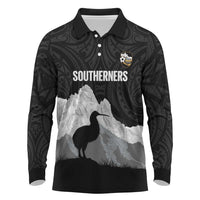 New Zealand South Island Football Custom Long Sleeve Polo Shirt Aoraki Mount Cook With Kiwi Maori Pattern LT14 Black - Polynesian Pride