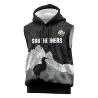New Zealand South Island Football Custom Sleeveless Hoodie Aoraki Mount Cook With Kiwi Maori Pattern LT14 Black - Polynesian Pride