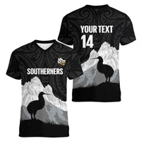 New Zealand South Island Football Custom Women V-Neck T-Shirt Aoraki Mount Cook With Kiwi Maori Pattern LT14 - Polynesian Pride