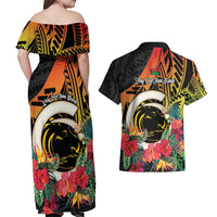 Vanuatu Boar Tusk Yumi Yumi Yumi Couples Matching Off Shoulder Maxi Dress and Hawaiian Shirt Independens Dei Long God Yumi Stanap LT14 - Polynesian Pride