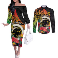 Vanuatu Boar Tusk Yumi Yumi Yumi Couples Matching Off The Shoulder Long Sleeve Dress and Long Sleeve Button Shirt Independens Dei Long God Yumi Stanap LT14 Black - Polynesian Pride