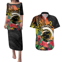 Vanuatu Boar Tusk Yumi Yumi Yumi Couples Matching Puletasi and Hawaiian Shirt Independens Dei Long God Yumi Stanap LT14 Black - Polynesian Pride