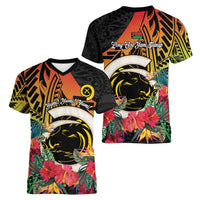 Vanuatu Boar Tusk Yumi Yumi Yumi Women V-Neck T-Shirt Independens Dei Long God Yumi Stanap LT14 - Polynesian Pride