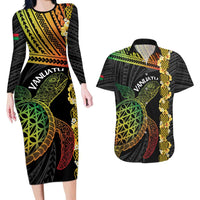 Vanuatu Sand Drawing Turtle Couples Matching Long Sleeve Bodycon Dress and Hawaiian Shirt Happy Independence Day LT14 Black - Polynesian Pride