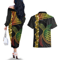 Vanuatu Sand Drawing Turtle Couples Matching Off The Shoulder Long Sleeve Dress and Hawaiian Shirt Happy Independence Day LT14 - Polynesian Pride