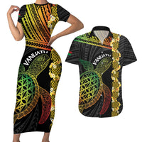 Vanuatu Sand Drawing Turtle Couples Matching Short Sleeve Bodycon Dress and Hawaiian Shirt Happy Independence Day LT14 Black - Polynesian Pride