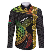 Vanuatu Sand Drawing Turtle Family Matching Off The Shoulder Long Sleeve Dress and Hawaiian Shirt Happy Independence Day LT14 Dad's Shirt - Long Sleeve Black - Polynesian Pride