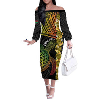 Vanuatu Sand Drawing Turtle Family Matching Off The Shoulder Long Sleeve Dress and Hawaiian Shirt Happy Independence Day LT14 Mom's Dress Black - Polynesian Pride