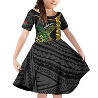 Vanuatu Sand Drawing Turtle Family Matching Off Shoulder Short Dress and Hawaiian Shirt Happy Independence Day LT14 Daughter's Dress Black - Polynesian Pride