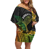 Vanuatu Sand Drawing Turtle Family Matching Off Shoulder Short Dress and Hawaiian Shirt Happy Independence Day LT14 Mom's Dress Black - Polynesian Pride