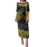 Vanuatu Sand Drawing Turtle Family Matching Puletasi and Hawaiian Shirt Happy Independence Day LT14 Mom's Dress Black - Polynesian Pride