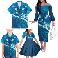 Blue Polynesia Family Matching Off The Shoulder Long Sleeve Dress and Hawaiian Shirt Tribal Pattern Tropical Frangipani LT14 - Polynesian Pride