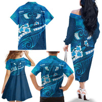 Blue Polynesia Family Matching Off The Shoulder Long Sleeve Dress and Hawaiian Shirt Tribal Pattern Tropical Frangipani LT14 - Polynesian Pride
