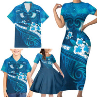 Blue Polynesia Family Matching Short Sleeve Bodycon Dress and Hawaiian Shirt Tribal Pattern Tropical Frangipani LT14 - Polynesian Pride