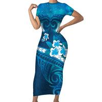 Blue Polynesia Family Matching Short Sleeve Bodycon Dress and Hawaiian Shirt Tribal Pattern Tropical Frangipani LT14 Mom's Dress Blue - Polynesian Pride
