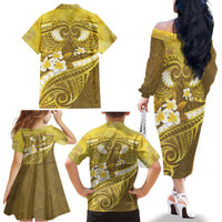 Gold Polynesia Family Matching Off The Shoulder Long Sleeve Dress and Hawaiian Shirt Tribal Pattern Tropical Frangipani LT14 - Polynesian Pride