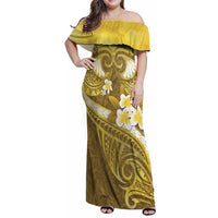 Gold Polynesia Family Matching Off Shoulder Maxi Dress and Hawaiian Shirt Tribal Pattern Tropical Frangipani LT14 Mom's Dress Gold - Polynesian Pride