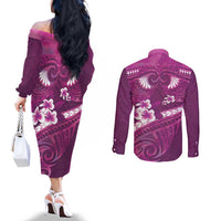 Pink Polynesia Couples Matching Off The Shoulder Long Sleeve Dress and Long Sleeve Button Shirt Tribal Pattern Tropical Frangipani