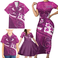 Pink Polynesia Family Matching Short Sleeve Bodycon Dress and Hawaiian Shirt Tribal Pattern Tropical Frangipani LT14 - Polynesian Pride