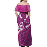 Pink Polynesia Off Shoulder Maxi Dress Tribal Pattern Tropical Frangipani