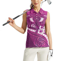 Pink Polynesia Women Sleeveless Polo Shirt Tribal Pattern Tropical Frangipani