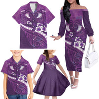 Purple Polynesia Family Matching Off The Shoulder Long Sleeve Dress and Hawaiian Shirt Tribal Pattern Tropical Frangipani LT14 - Polynesian Pride