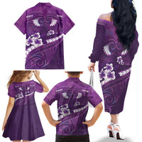 Purple Polynesia Family Matching Off The Shoulder Long Sleeve Dress and Hawaiian Shirt Tribal Pattern Tropical Frangipani LT14 - Polynesian Pride