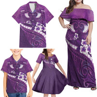 Purple Polynesia Family Matching Off Shoulder Maxi Dress and Hawaiian Shirt Tribal Pattern Tropical Frangipani LT14 - Polynesian Pride