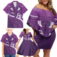 Purple Polynesia Family Matching Off Shoulder Short Dress and Hawaiian Shirt Tribal Pattern Tropical Frangipani LT14 - Polynesian Pride