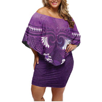 Purple Polynesia Family Matching Off Shoulder Short Dress and Hawaiian Shirt Tribal Pattern Tropical Frangipani LT14 Mom's Dress Purple - Polynesian Pride