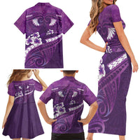 Purple Polynesia Family Matching Short Sleeve Bodycon Dress and Hawaiian Shirt Tribal Pattern Tropical Frangipani LT14 - Polynesian Pride