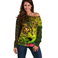 Hawaii Off Shoulder Sweater Kanaka Map With Polynesian Shark Tattoo Reggae Unique LT14 Women Reggae - Polynesian Pride