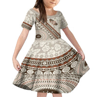 Bula Fiji Family Matching Off Shoulder Long Sleeve Dress and Hawaiian Shirt Fijian Masi Tapa Cloth Vintage Vibes LT14 Daughter's Dress Beige - Polynesian Pride