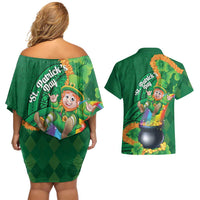 St Patrick's Day Hawaii Couples Matching Off Shoulder Short Dress and Hawaiian Shirt Hauoli Maoli Funny Shaka Leprechaun LT14 - Polynesian Pride
