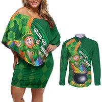 St Patrick's Day Hawaii Couples Matching Off Shoulder Short Dress and Long Sleeve Button Shirt Hauoli Maoli Funny Shaka Leprechaun LT14 Green - Polynesian Pride