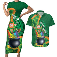 St Patrick's Day Hawaii Couples Matching Short Sleeve Bodycon Dress and Hawaiian Shirt Hauoli Maoli Funny Shaka Leprechaun LT14 Green - Polynesian Pride