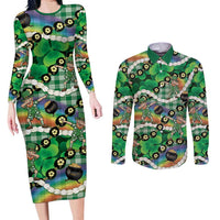 St Patrick's Day Palaka Hawaii Couples Matching Long Sleeve Bodycon Dress and Long Sleeve Button Shirt Kukui Nut Pikake Lei Shamrock Dabbing Leprechaun LT14 Green - Polynesian Pride