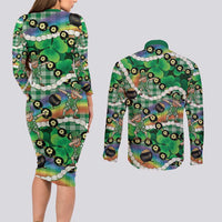 St Patrick's Day Palaka Hawaii Couples Matching Long Sleeve Bodycon Dress and Long Sleeve Button Shirt Kukui Nut Pikake Lei Shamrock Dabbing Leprechaun LT14 - Polynesian Pride