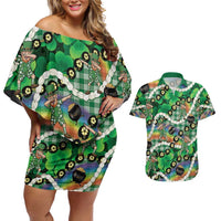 St Patrick's Day Palaka Hawaii Couples Matching Off Shoulder Short Dress and Hawaiian Shirt Kukui Nut Pikake Lei Shamrock Dabbing Leprechaun LT14 Green - Polynesian Pride
