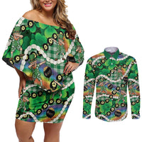 St Patrick's Day Palaka Hawaii Couples Matching Off Shoulder Short Dress and Long Sleeve Button Shirt Kukui Nut Pikake Lei Shamrock Dabbing Leprechaun LT14 Green - Polynesian Pride