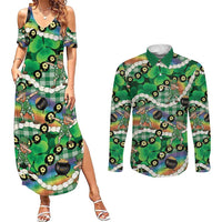 St Patrick's Day Palaka Hawaii Couples Matching Summer Maxi Dress and Long Sleeve Button Shirt Kukui Nut Pikake Lei Shamrock Dabbing Leprechaun LT14 Green - Polynesian Pride